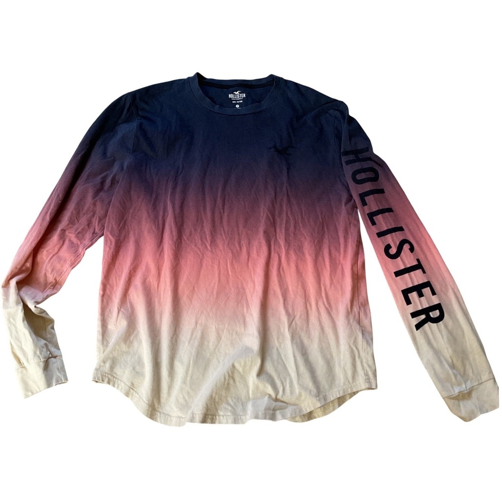 Hollister Ombre Long Sleeve Graphic Tee Navy Pink Cream Sunset Seagull‎ Logo M